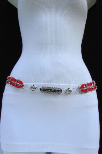 Silver Metal Chain with Colorful Shiny Fabric Skinny Belt