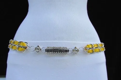 Silver Metal Chain with Colorful Shiny Fabric Skinny Belt