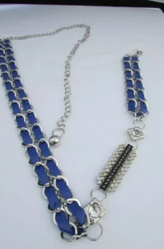 Silver Metal Chain with Colorful Shiny Fabric Skinny Belt