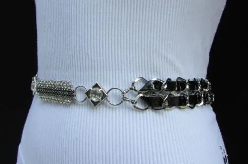 Silver Metal Chain with Colorful Shiny Fabric Skinny Belt