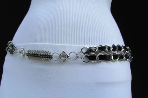 Silver Metal Chain with Colorful Shiny Fabric Skinny Belt