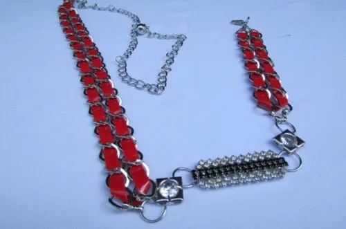 Silver Metal Chain with Colorful Shiny Fabric Skinny Belt