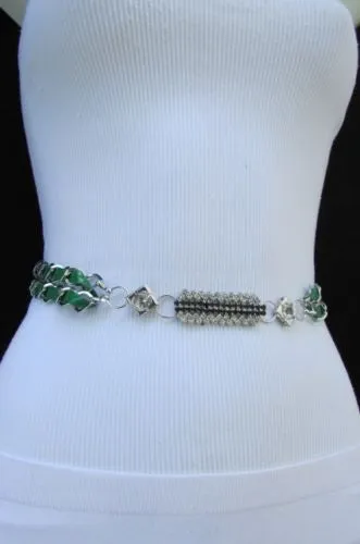 Silver Metal Chain with Colorful Shiny Fabric Skinny Belt