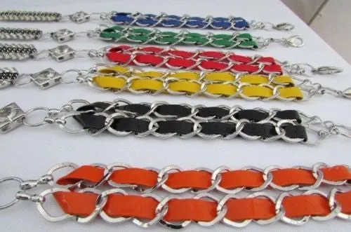 Silver Metal Chain with Colorful Shiny Fabric Skinny Belt