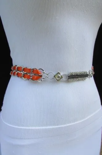 Silver Metal Chain with Colorful Shiny Fabric Skinny Belt