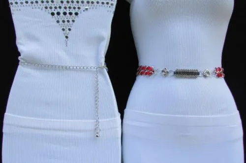 Silver Metal Chain with Colorful Shiny Fabric Skinny Belt
