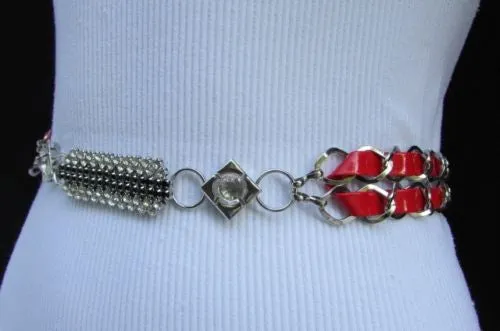 Silver Metal Chain with Colorful Shiny Fabric Skinny Belt