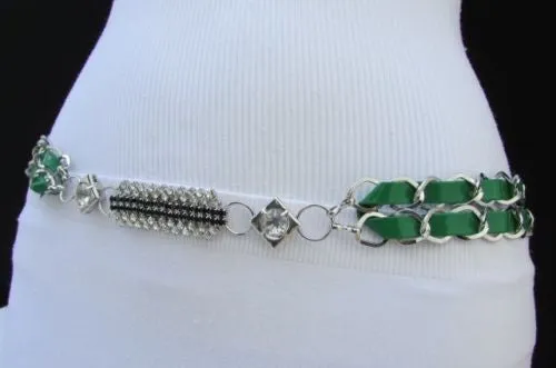 Silver Metal Chain with Colorful Shiny Fabric Skinny Belt