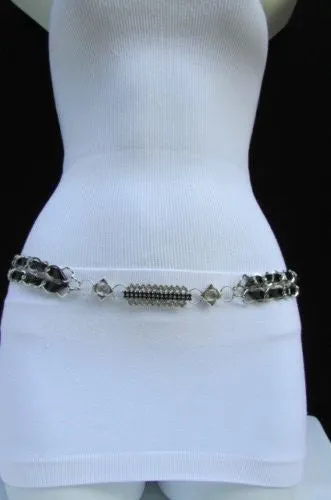 Silver Metal Chain with Colorful Shiny Fabric Skinny Belt
