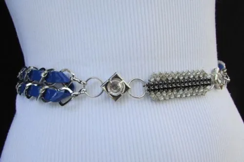 Silver Metal Chain with Colorful Shiny Fabric Skinny Belt
