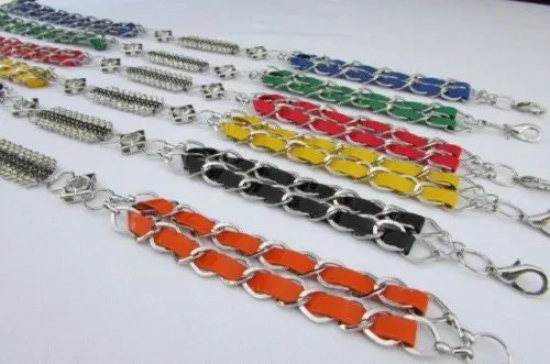 Silver Metal Chain with Colorful Shiny Fabric Skinny Belt