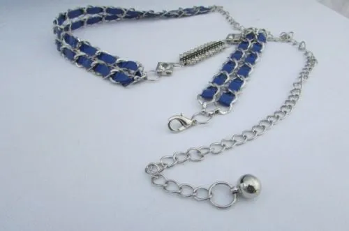 Silver Metal Chain with Colorful Shiny Fabric Skinny Belt