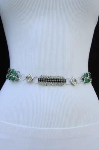 Silver Metal Chain with Colorful Shiny Fabric Skinny Belt
