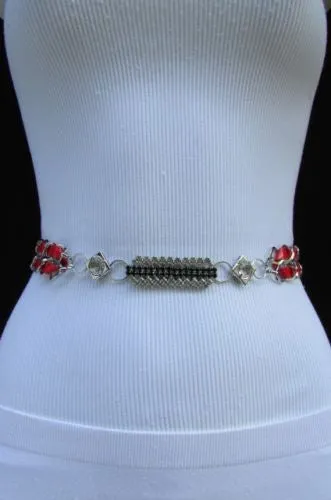 Silver Metal Chain with Colorful Shiny Fabric Skinny Belt