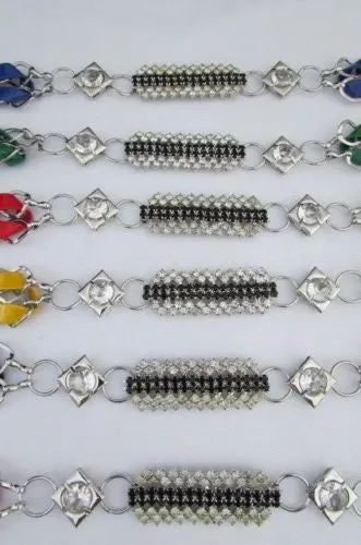 Silver Metal Chain with Colorful Shiny Fabric Skinny Belt