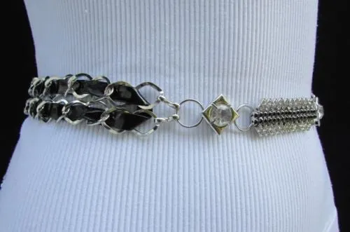 Silver Metal Chain with Colorful Shiny Fabric Skinny Belt
