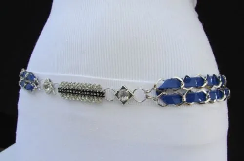 Silver Metal Chain with Colorful Shiny Fabric Skinny Belt