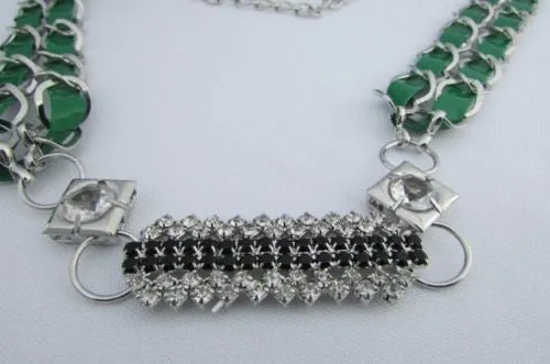 Silver Metal Chain with Colorful Shiny Fabric Skinny Belt