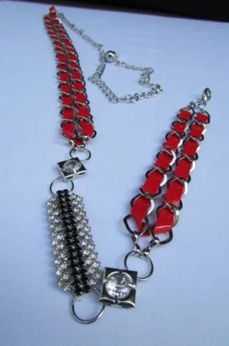 Silver Metal Chain with Colorful Shiny Fabric Skinny Belt