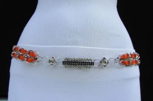 Silver Metal Chain with Colorful Shiny Fabric Skinny Belt