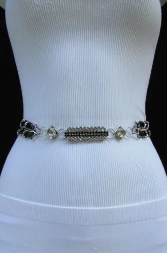 Silver Metal Chain with Colorful Shiny Fabric Skinny Belt