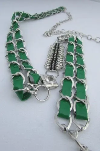 Silver Metal Chain with Colorful Shiny Fabric Skinny Belt