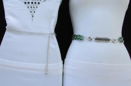 Silver Metal Chain with Colorful Shiny Fabric Skinny Belt
