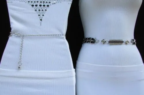 Silver Metal Chain with Colorful Shiny Fabric Skinny Belt