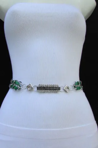 Silver Metal Chain with Colorful Shiny Fabric Skinny Belt