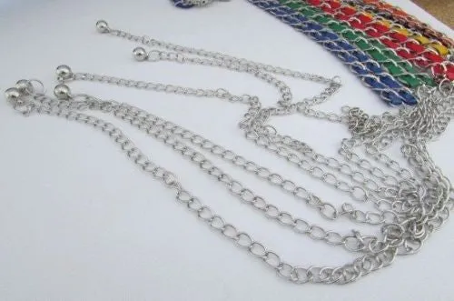 Silver Metal Chain with Colorful Shiny Fabric Skinny Belt