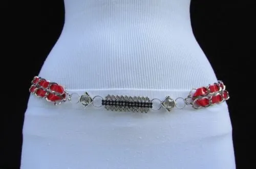 Silver Metal Chain with Colorful Shiny Fabric Skinny Belt