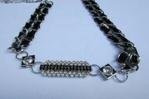 Silver Metal Chain with Colorful Shiny Fabric Skinny Belt