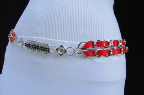 Silver Metal Chain with Colorful Shiny Fabric Skinny Belt