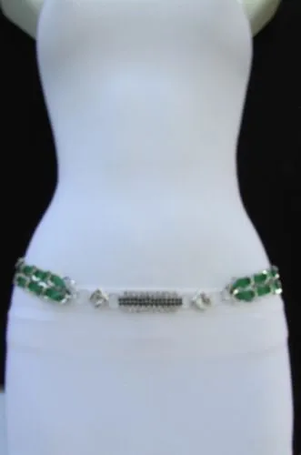 Silver Metal Chain with Colorful Shiny Fabric Skinny Belt