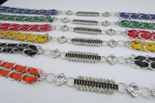 Silver Metal Chain with Colorful Shiny Fabric Skinny Belt