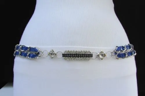 Silver Metal Chain with Colorful Shiny Fabric Skinny Belt