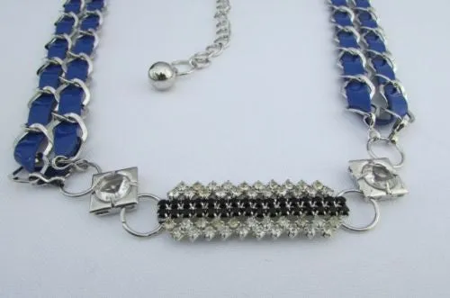 Silver Metal Chain with Colorful Shiny Fabric Skinny Belt