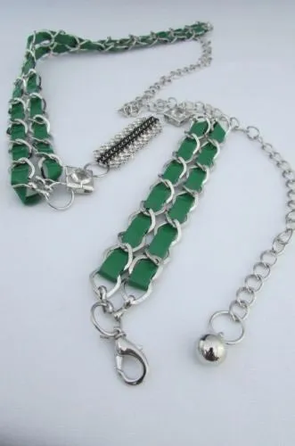 Silver Metal Chain with Colorful Shiny Fabric Skinny Belt