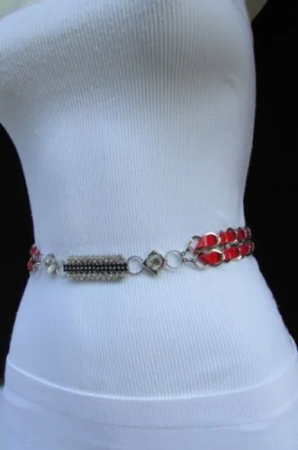 Silver Metal Chain with Colorful Shiny Fabric Skinny Belt