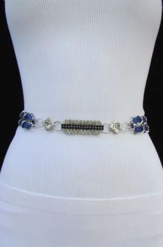 Silver Metal Chain with Colorful Shiny Fabric Skinny Belt