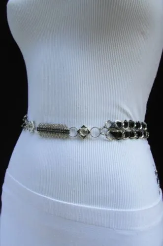 Silver Metal Chain with Colorful Shiny Fabric Skinny Belt