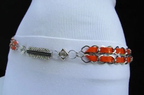 Silver Metal Chain with Colorful Shiny Fabric Skinny Belt