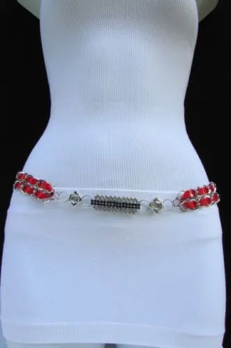 Silver Metal Chain with Colorful Shiny Fabric Skinny Belt