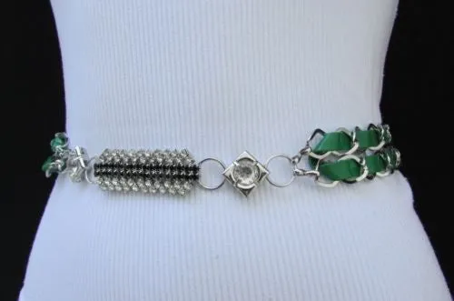 Silver Metal Chain with Colorful Shiny Fabric Skinny Belt