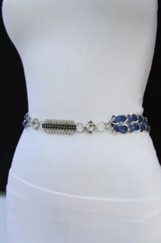 Silver Metal Chain with Colorful Shiny Fabric Skinny Belt
