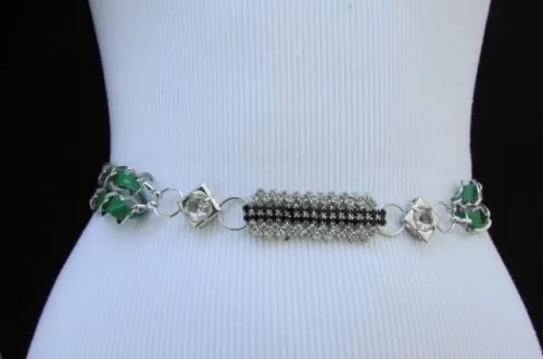 Silver Metal Chain with Colorful Shiny Fabric Skinny Belt