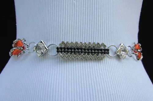 Silver Metal Chain with Colorful Shiny Fabric Skinny Belt