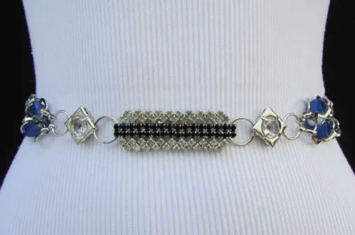 Silver Metal Chain with Colorful Shiny Fabric Skinny Belt