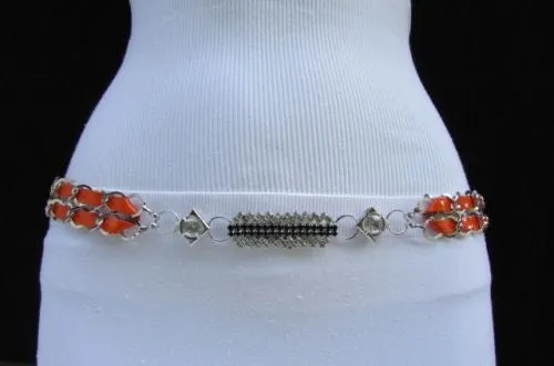 Silver Metal Chain with Colorful Shiny Fabric Skinny Belt