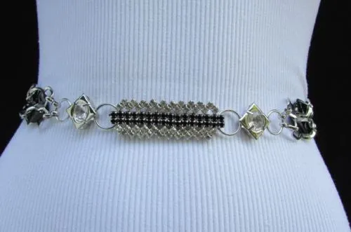 Silver Metal Chain with Colorful Shiny Fabric Skinny Belt